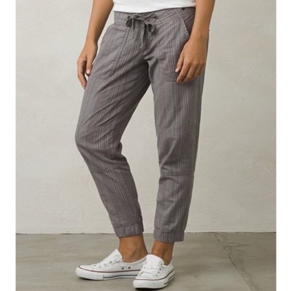 PrAna Steph Jogger Pants Grey Gravel Stripe Linen Cotton Boho Athleisure Size 12